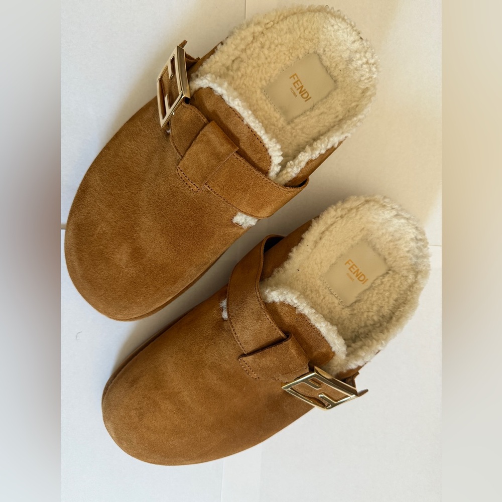 Fendi Brown Suede Shearling Lined Mules - Picture 5 of 15